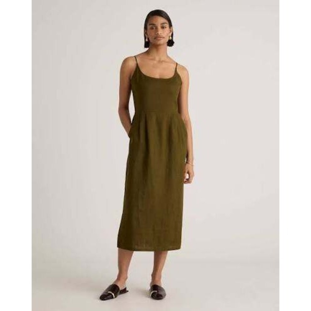 Quince 100% European Linen Scoop Neck Midi Dress Olive Green L Smocked
